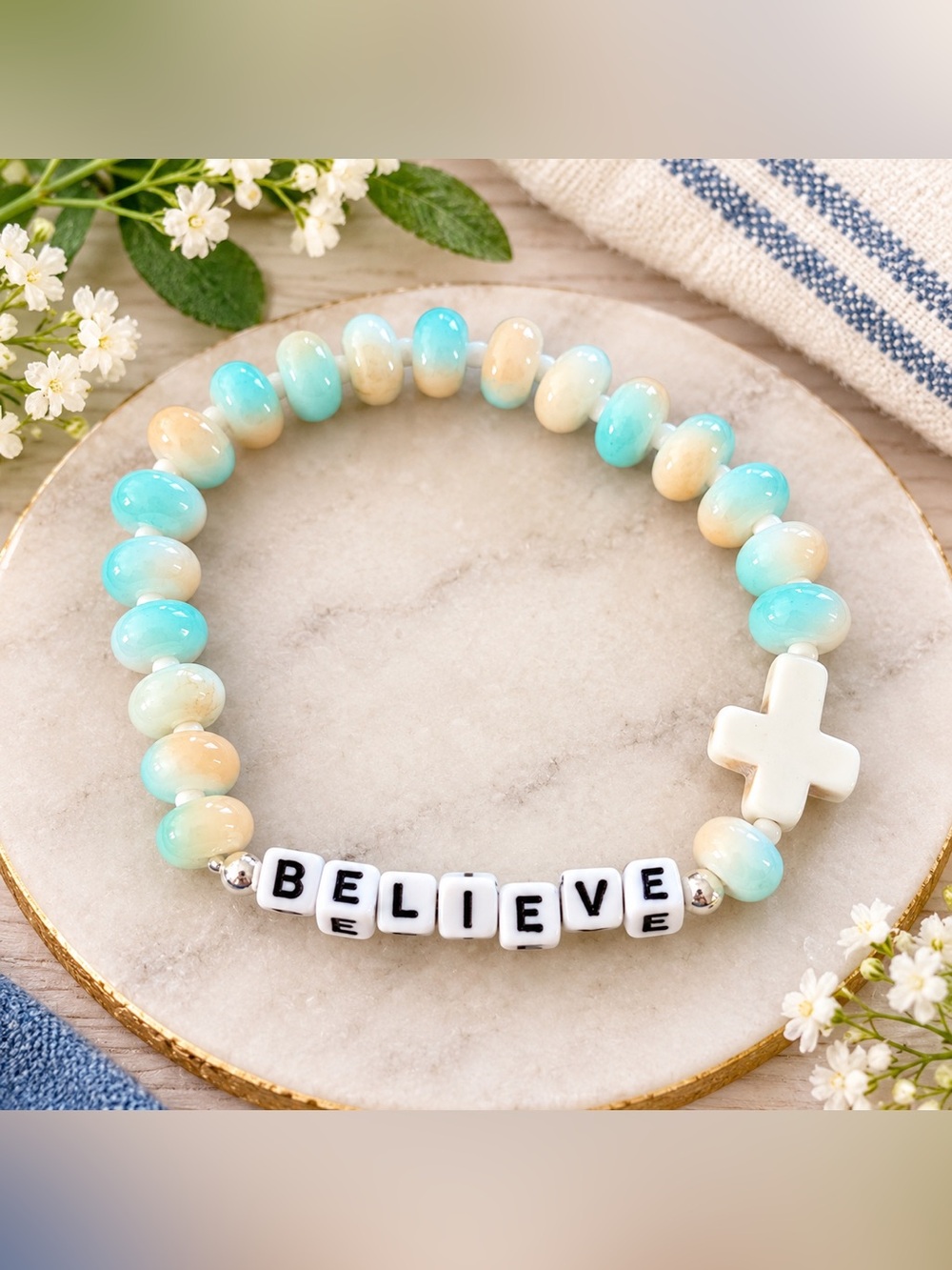 Believe Cross Stretch Bracelet in Aqua and Cream Beads